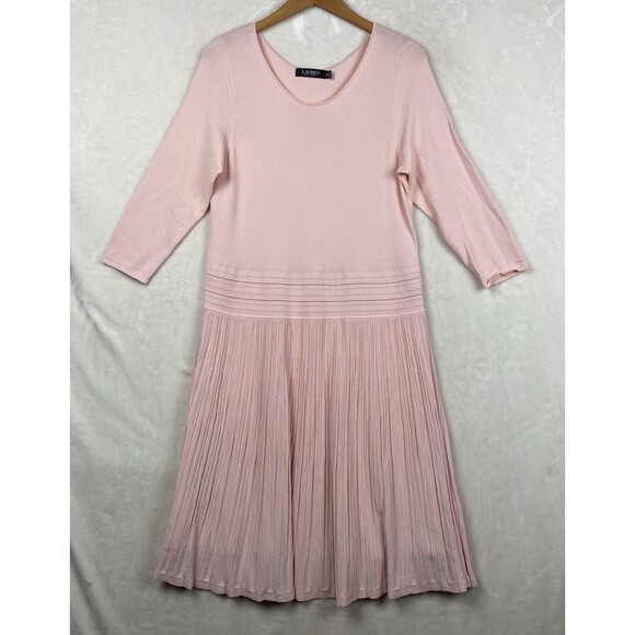 Lauren RL Dress Womens XLarge Pale Pink Pleated Three-Quarter-Sleeve Jersey Work - Picture 1 of 16